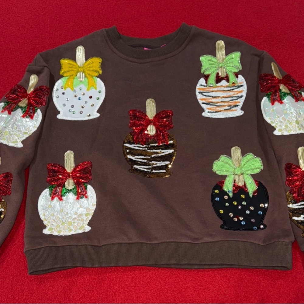 🍎NWOT Queen Of Sparkles Girls’ S (Oversized) Sequined Candy Apple Sweatshirt